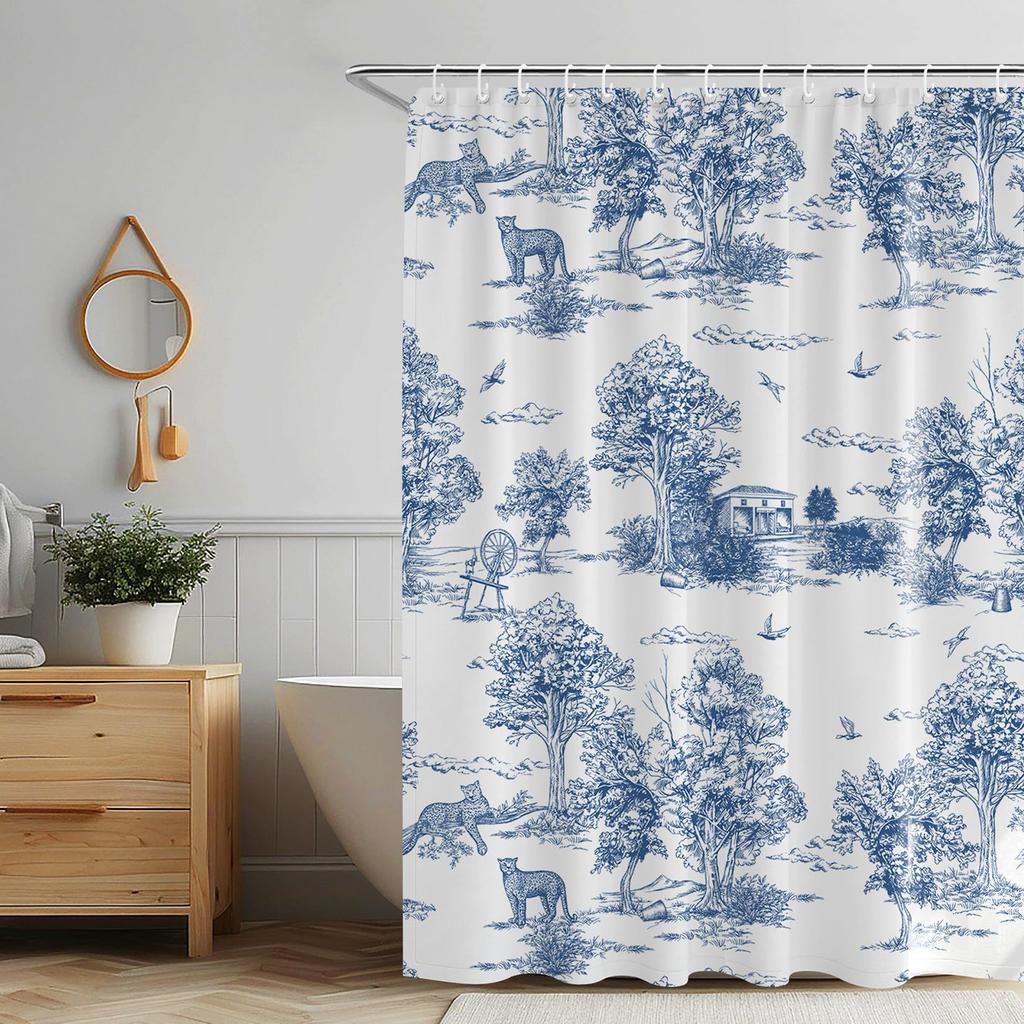 Vintage francouzská sprchová závěs Modrá a bílá látka Koupelnová sprchová závěs Statek Francouzský venkovský koupelnový závěs s háčky