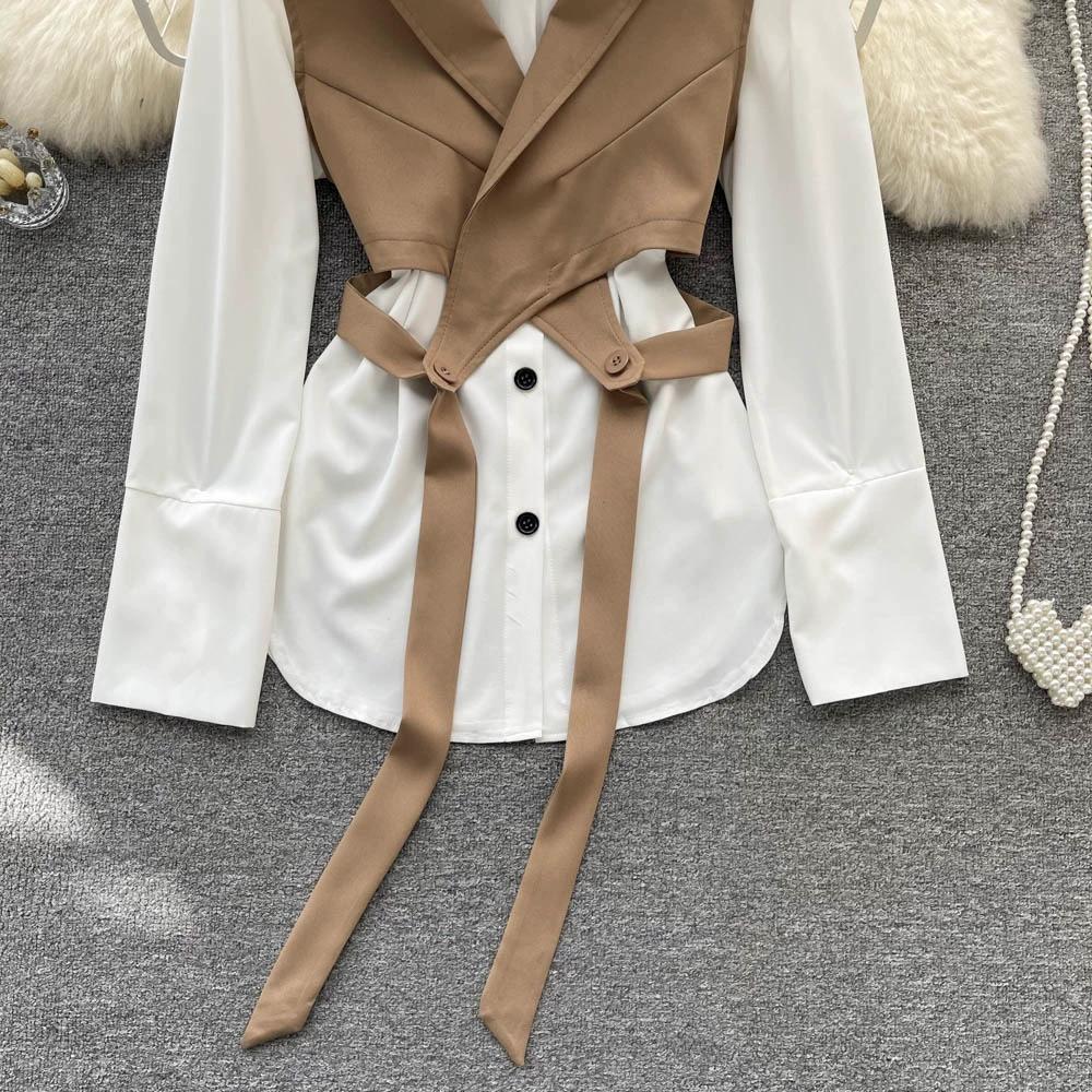 Hochwertiger zweiteiliger Anzug, Damen Herbstmode, Ausländischer Stil, Modisches Layering, Kurzes Westentop, Weißes langärmeliges Hemd