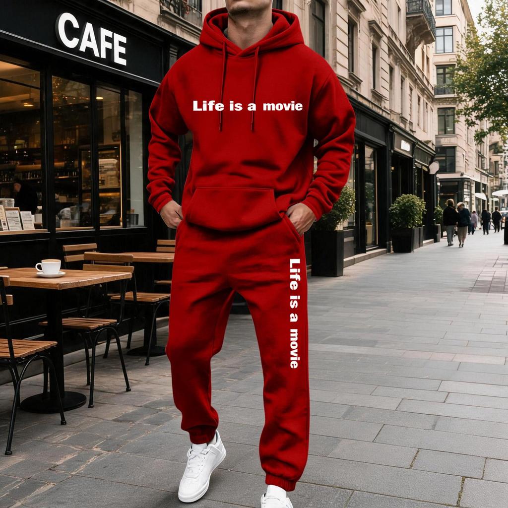 Men's Casual Letter Print Hooded Sweatshirt and Sweatpants Set, Lined Two Piece Outfit