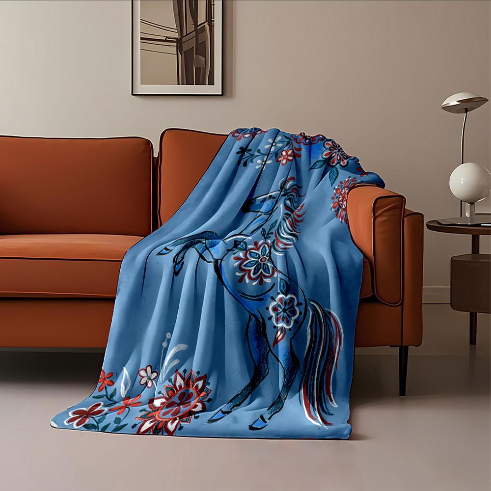 Floral Horse on Blue Blanket for all seasons blanket lunch break throw gift