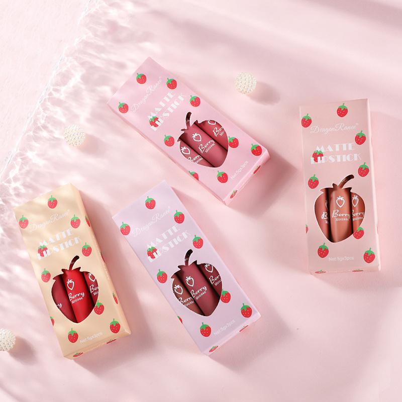 3 Strawberry Suit Velvet Matte Lip Gloss Lipstick Lip Gloss Female Non-stick Cup Cute Suit