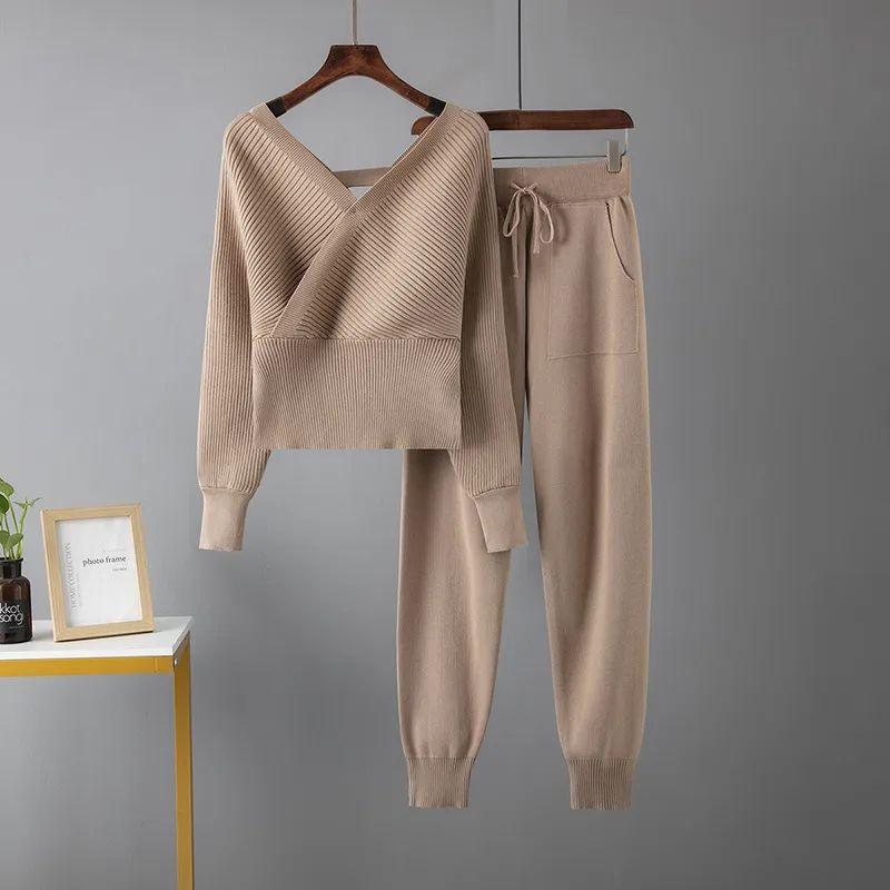 Cross-Border Set Autumn New Amazon Sexy V-neck Sweater + Leisure Sweat pants Two-piece Set Women
