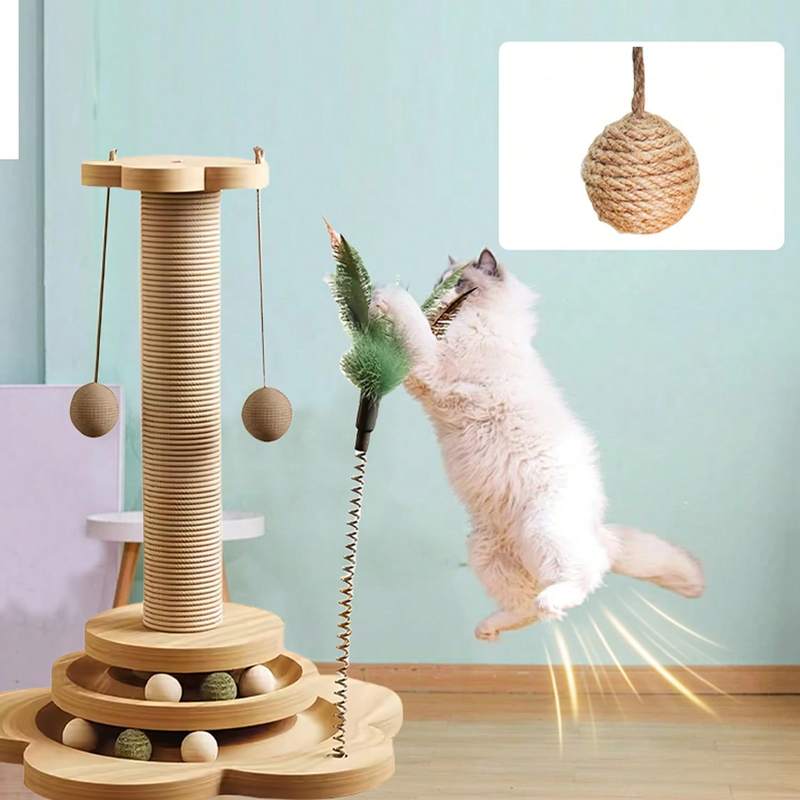 Solid Wood Cat Scratching Post Activity Center Natural Sisal Wrap Multi-Layer Turntable Platform With Rolling Catnip Balls Hanging Pom-poms & Spring