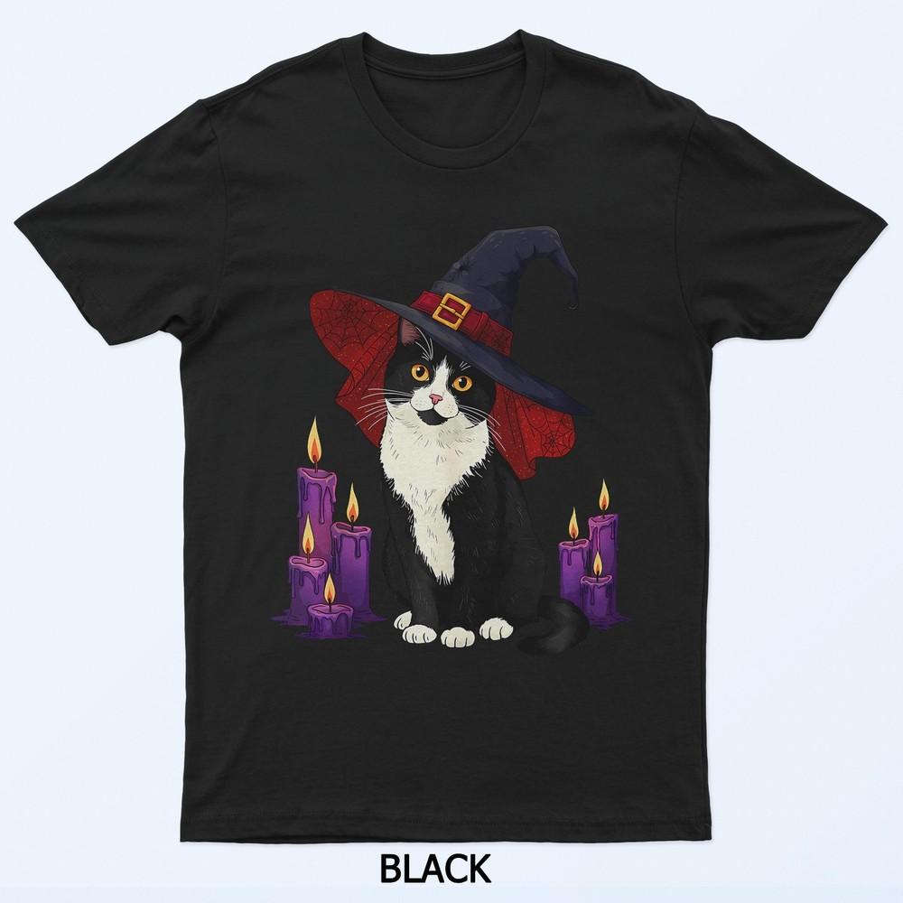 

Cute Tuxedo Witch Cat With Purple Candles For Men Women Kids T-Shirt 3XL