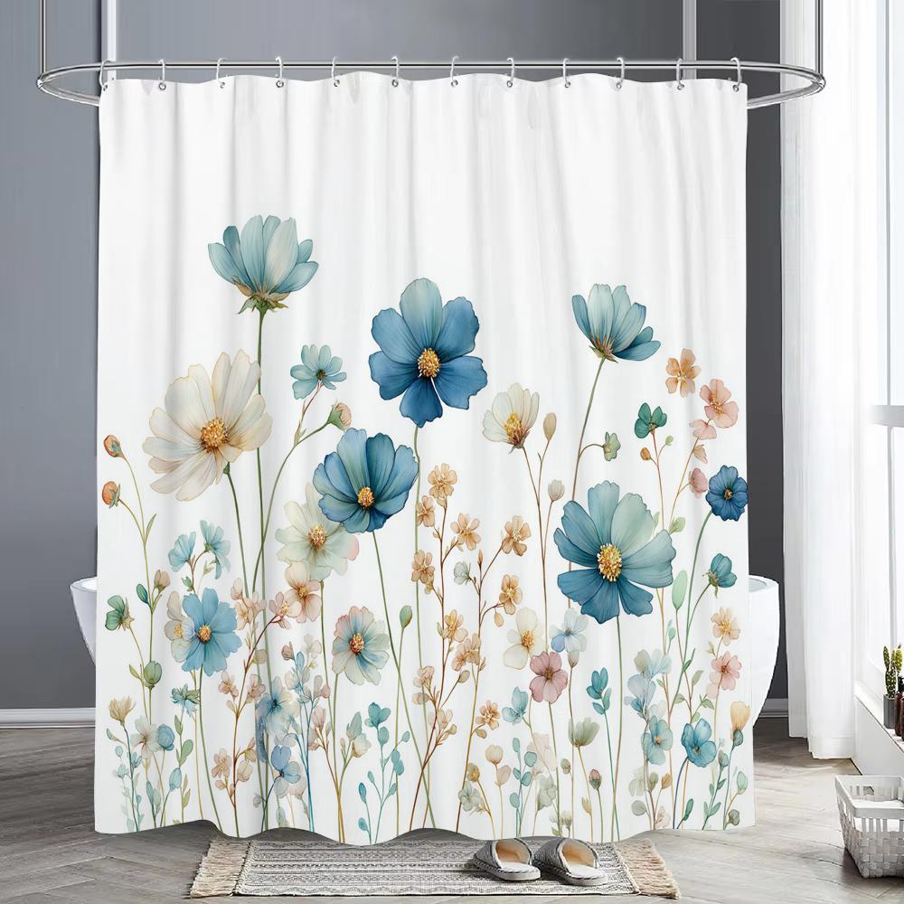 Watercolor Flowers And Plants Patterns Shower Curtain, Bathroom Decorative Shower Curtain, Waterproof Shower Curtain With Hooks