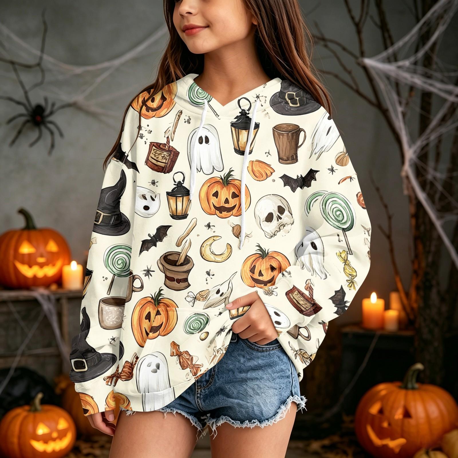 Kids Casual Halloween Print Pullover Hoodie Sweatshirt for Everyday Wear 100