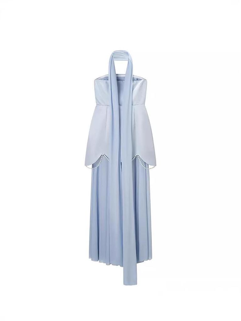Pearl Embellished Mesh Patchwork Bandeau Dress with Flowy Shawl - Summer 2026 Light Luxury Evening Gown