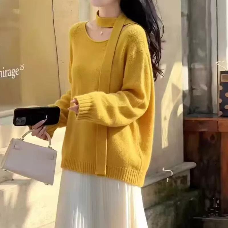 Korean lazy wind one-word shoulder crew neck with streamer sweater women's 1011 autumn and winter unique beautiful knitted sweater top