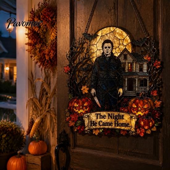 Porch Showcase Hanging Accents Halloween Decoration, 2D Michael Acrylic Suncatcher, Window Decor with Pumpkin Movie Fan Collection Gifts Tombstone,