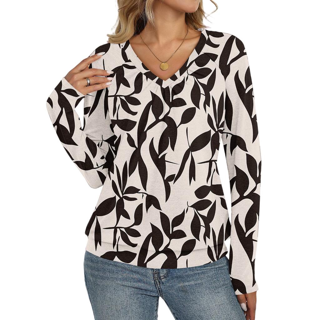 Top Casual de Moda para Mujer con Cuello en V, Manga Larga Raglán Plisada con Estampado Floral