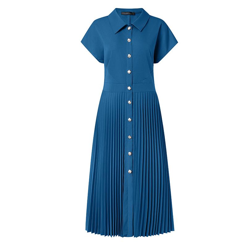 ZANZEA Women Casual Turn Down Collar Solid Color Short Sleeve Pleated Dress
