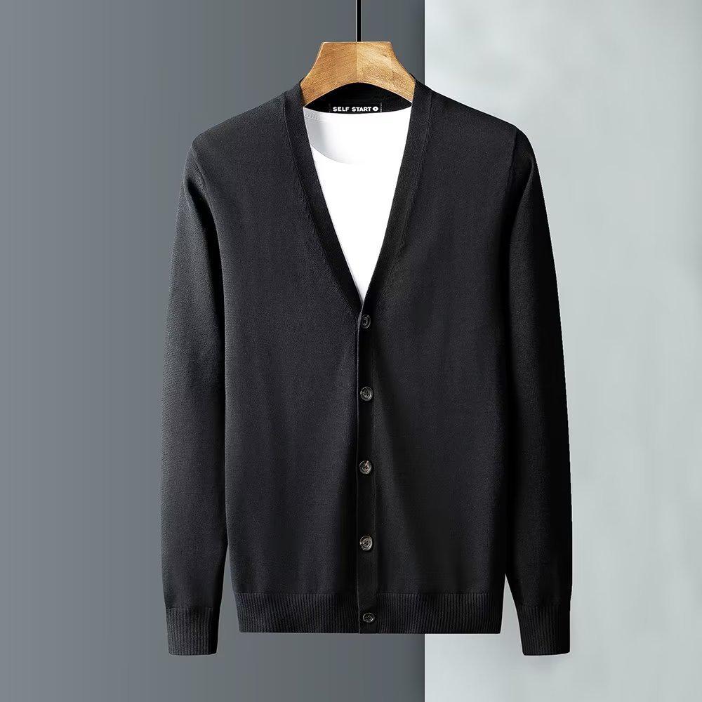 Men's V-Neck Knitted Cardigan - Business Casual Solid Sweater Jacket for Spring & Autumn.
