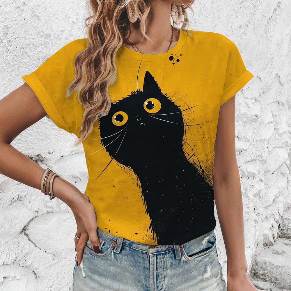 Summer Cats Pattern Print T-Shirt Fashion Popular Oversized T-Shirt Women's Short Sleeved T-Shirt 2024 Elegant Women's T-Shirt