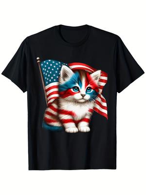Patriotic USA Flag Cat T-Shirt - Vintage Washed 180g 100% Cotton Unisex Tee with Red White Blue Stri
