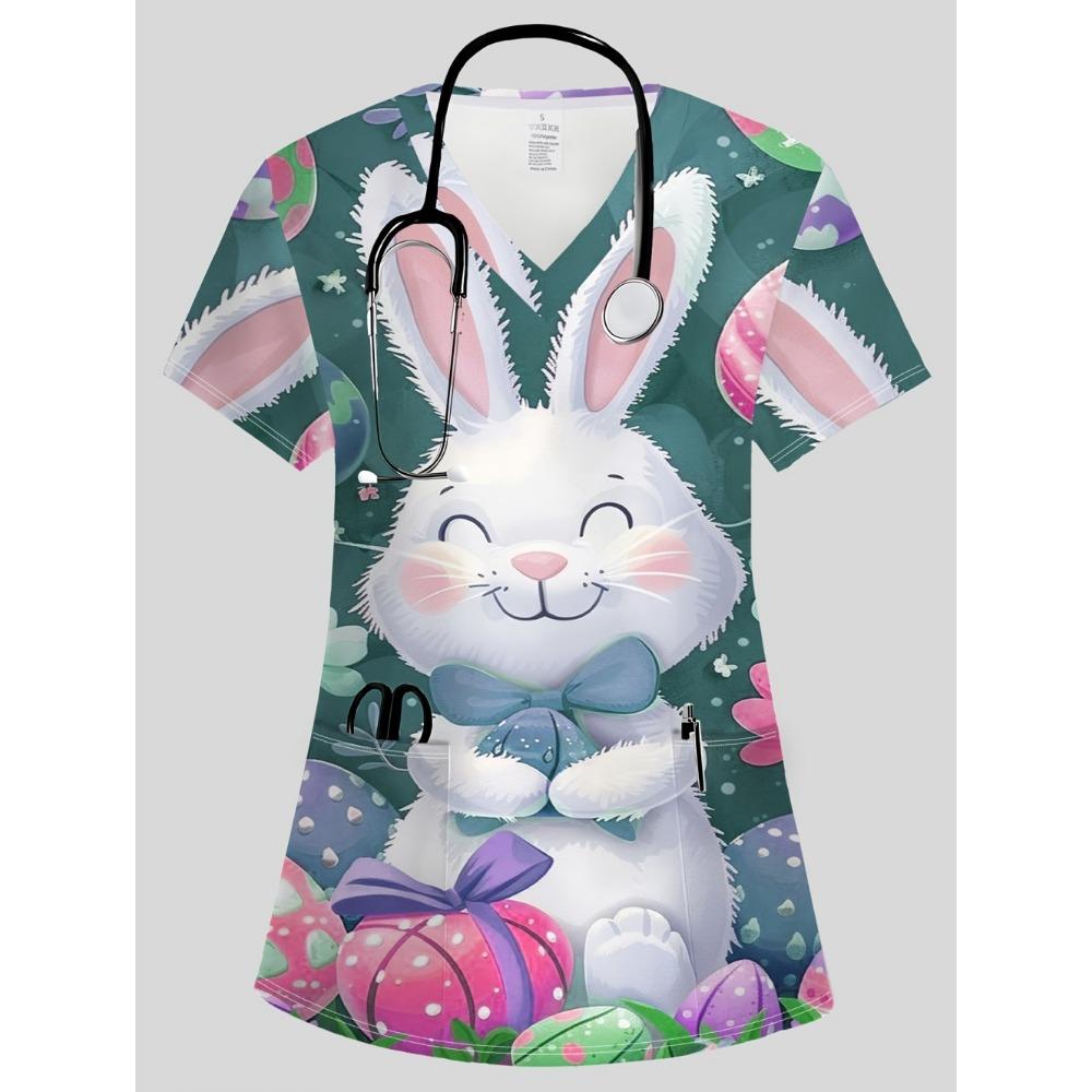 Clinical Uniform Woman Vet Easter Themed Print Top Summer Elegant V-Neck Short Sleeve with Pockets Dentist Scrubs Uniform Woman