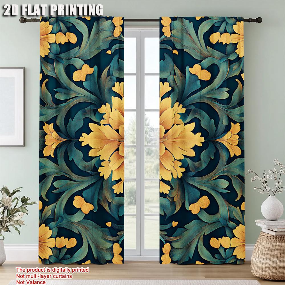 2Pcs Art Flowers Digital Printed Window Curtains Polyester Material Suitable For Living Room Kitchen Bedroom Study Dining Room