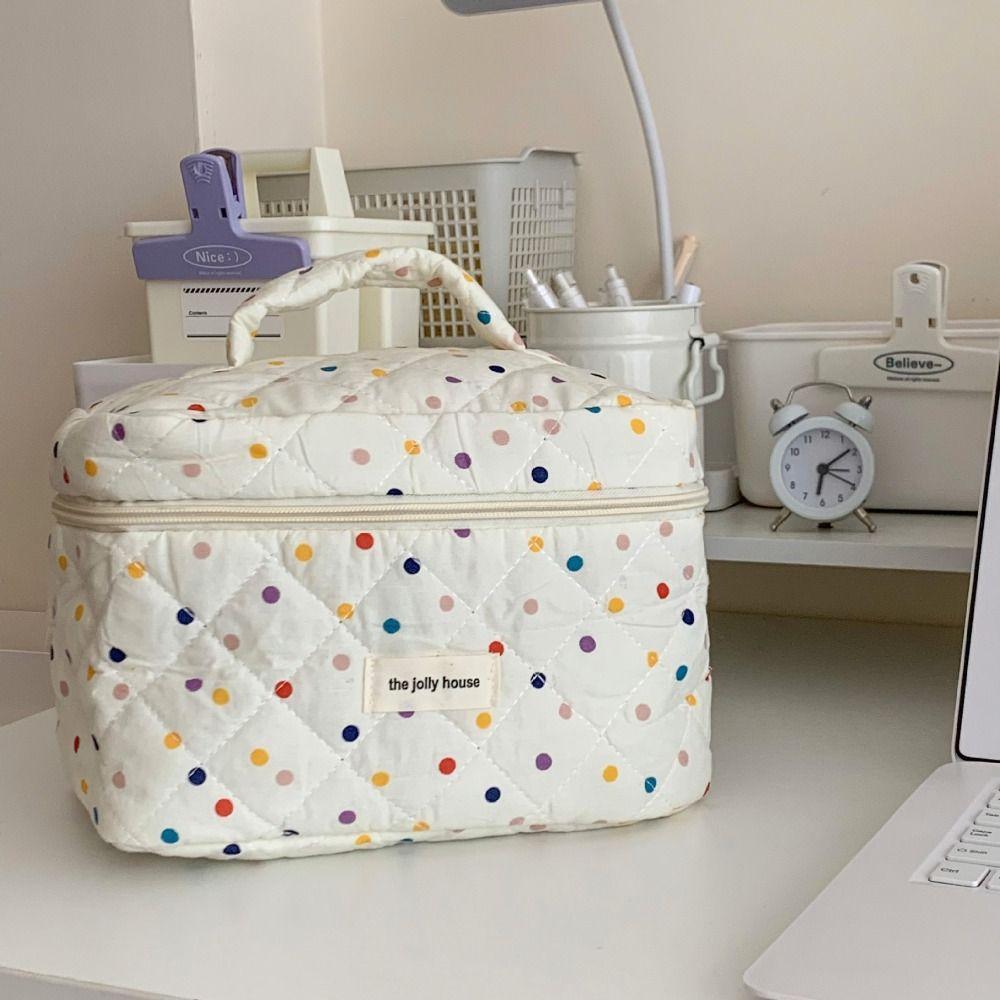 

Cotton Quilted Makeup Bag Colorful Polka Dots Women Comestic Case Portable Storage Organizer