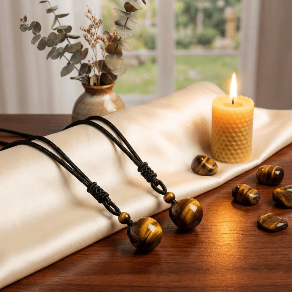 Beaded Crystal Pendant Necklace Braided Rope Tiger's Eye Necklace Weaving Necklace  Gifts