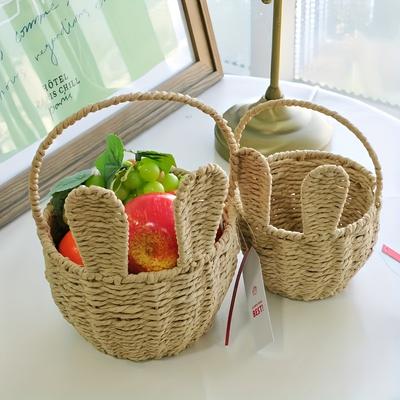 Coș Rustic din Ratan cu Iepuraș și Urechi, Coș Drăguț de Paște pentru Flori, Bomboane, Ouă de Paște, Cutie de Depozitare Împletită Multifuncțională