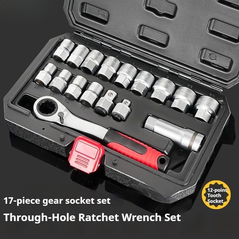 17-Piece Ratchet Socket Set with Double-Action Wrench, 12-Point Socket Bits, Extension Bar, Screwdriver Tools