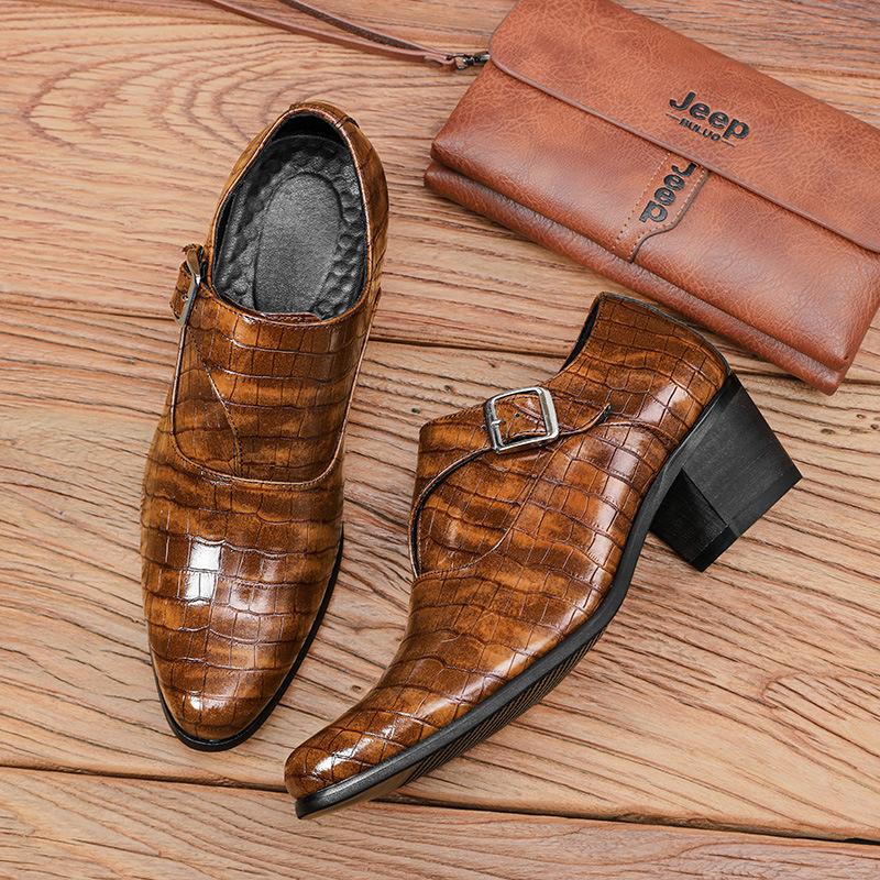 Fashionable 5cm Height Increase Stone Pattern British Casual Men's Leather Shoes