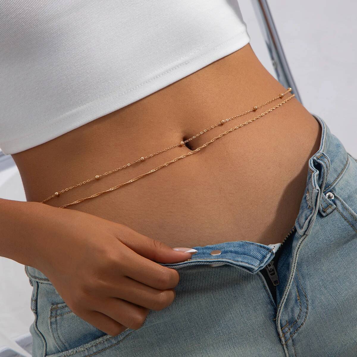 

Salircon 2Pcs/set Fashion Sexy Waist Belly Chain Women Boho Summer Beach Bikini Body Thin Chain Party Trend Jewelry Accessory