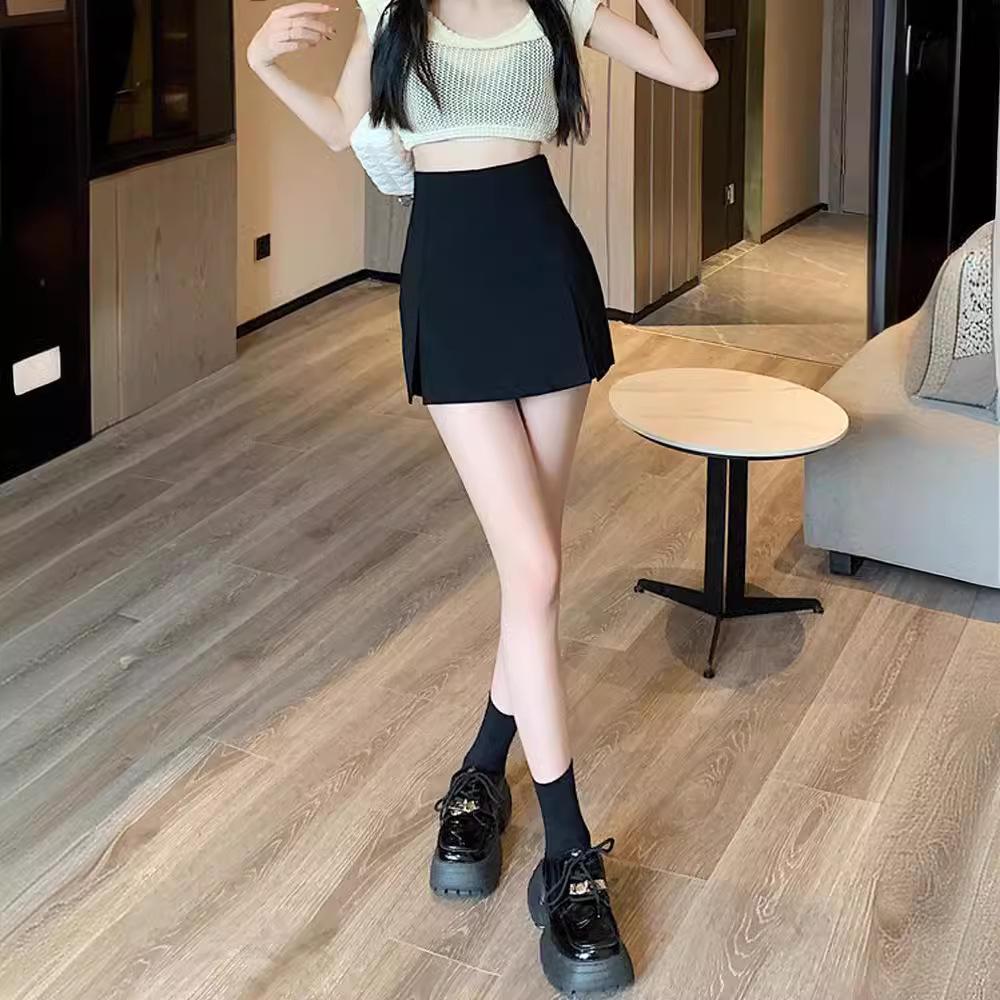 2024 Women's High-Waisted A-Line Black Suit Shorts: Slimming, Hip-Covering, Wide-Leg Skirt-Pants