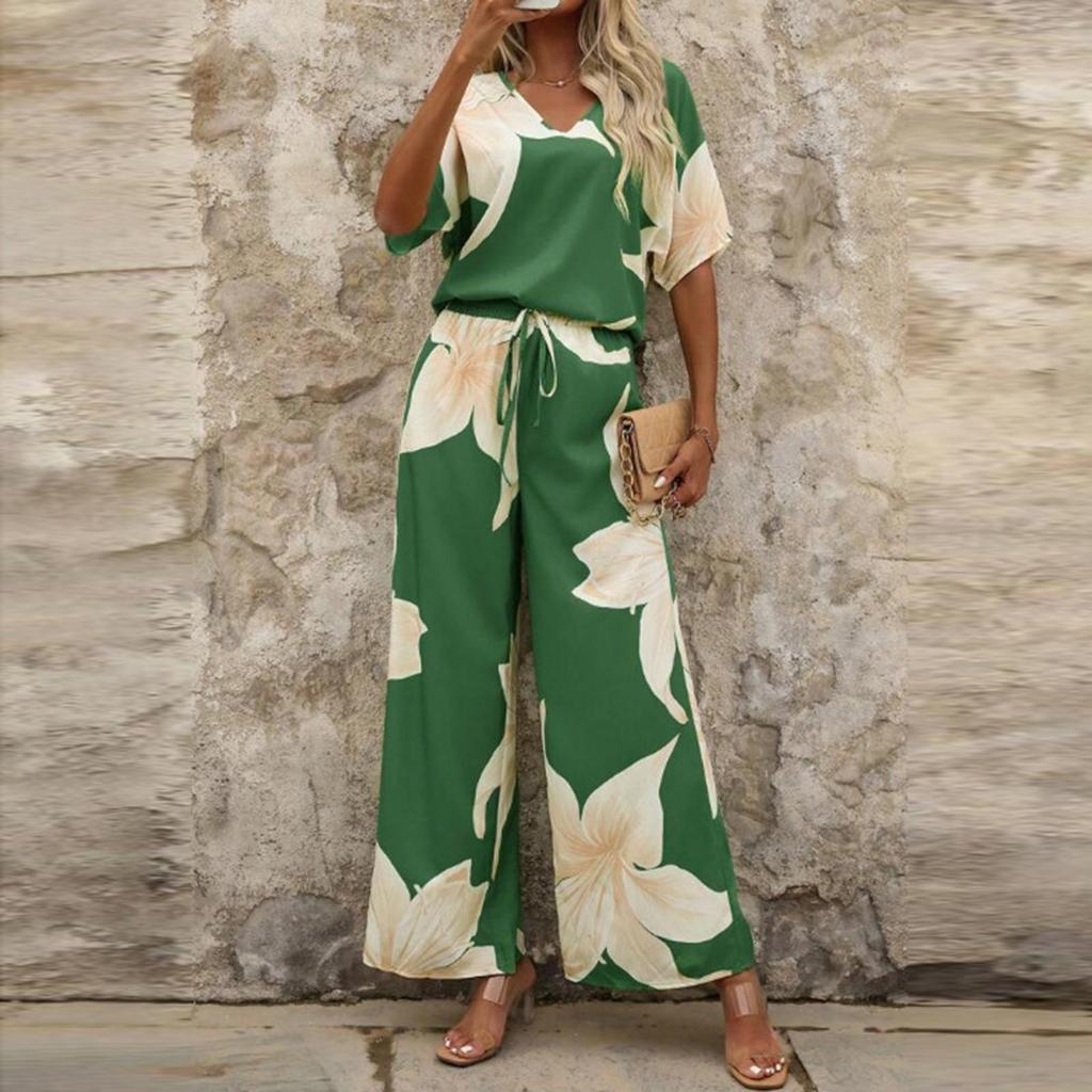Women's Fashion Casual Floral Print V-Neck  Short Sleeve Top Pants Set
