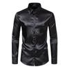Męska jedwabna satynowa koszula z długim rękawem Casual Slim Fit koszula stylowa jednokolorowa koszula z klapami zapinana na guziki biznesowe koszule wizytowe