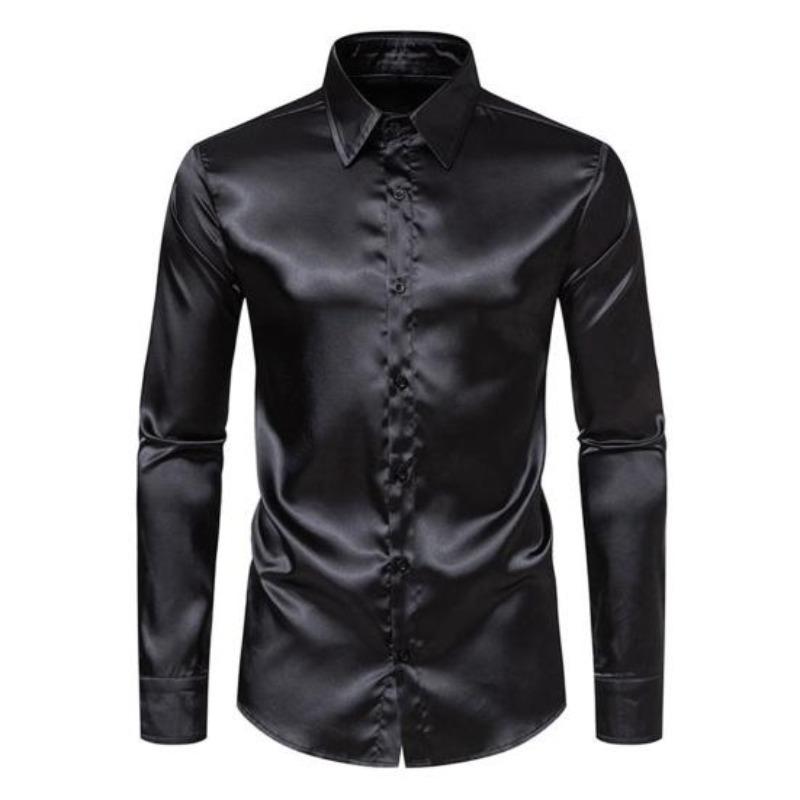 Męska jedwabna satynowa koszula z długim rękawem Casual Slim Fit koszula stylowa jednokolorowa koszula z klapami zapinana na guziki biznesowe koszule wizytowe