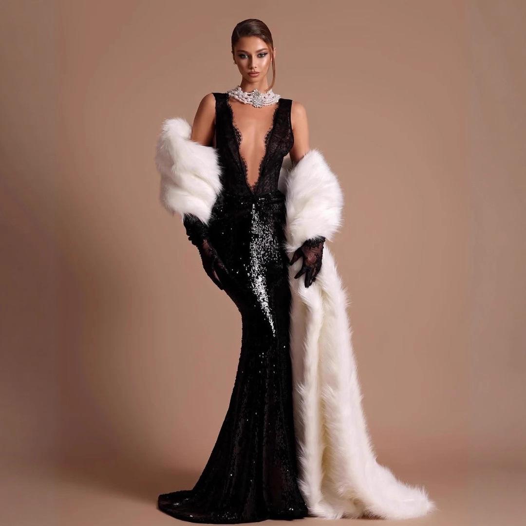 Европейское и американское вечернее платье с глубоким V-образным вырезом, черным кружевом и пайетками, облегающее фигуру, с юбкой «рыбий хвост» L чёрный