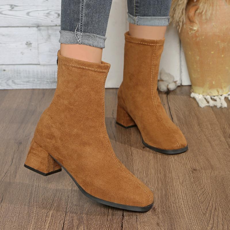 Bottes Skinny Grande Taille Mode Bout Carré Daim Fermeture Éclair Arrière Semelle Souple Antidérapante Bottines à Talon Bloc