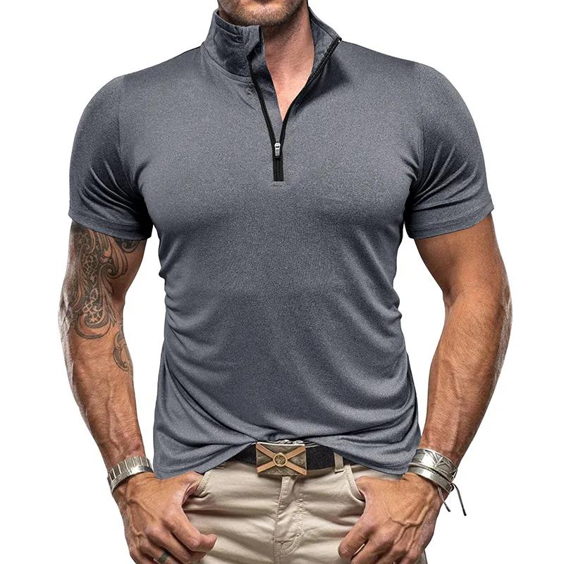 Men's New Outdoor Sports Short Sleeve Zipper Shirt American Standing Collar High Spring Quick Dry Short Sleeve T-shirt