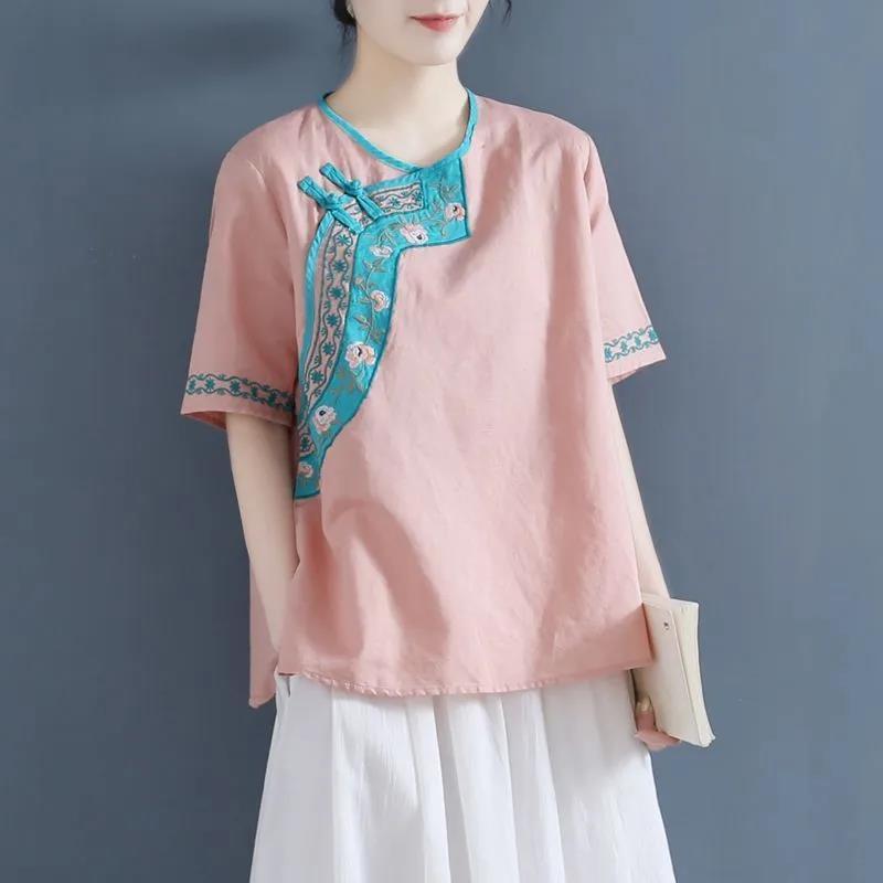 Summer Embroidered Cotton and Hemp Shirt for Women Loose Round Neck Cotton Short Sleeved T-shirt