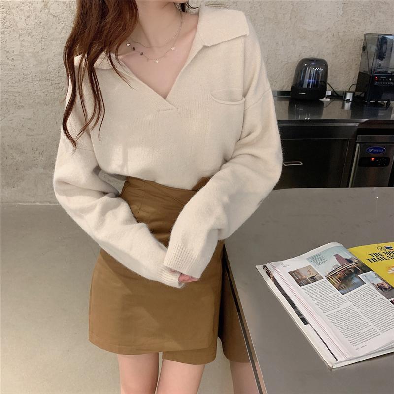 

Hirsionsan укороченные свободные однотонные вязаные пуловеры с v-образным вырезом, женские новые корейские повседневные свитера в стиле ретро, ​​минималистичные джемперы с длинными рукавами One size абрикосовый