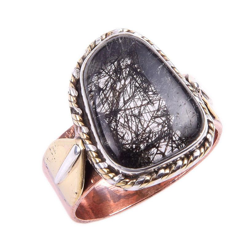 Natural Black Rutile Gemstone 925 Sterling Silver Jewelry Two Tone Ring S.7 j7k51