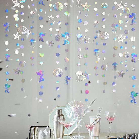 40 Ft Iridescent Mermaid Garland with Jellyfish Seashell Starfish Pearl Holographic Paper Streamer for Little Mermaid Rainbow Theme Birthday