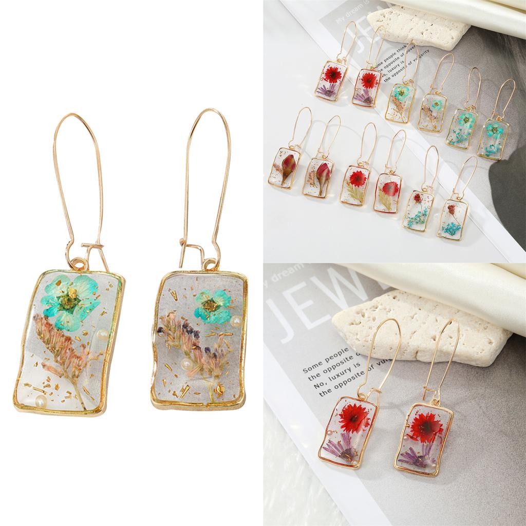 Irregular Rectangular Dry Flower Earrings Dry Flower Drop Earrings Dried Flower Dangle Earrings Alloy Material Jewelry