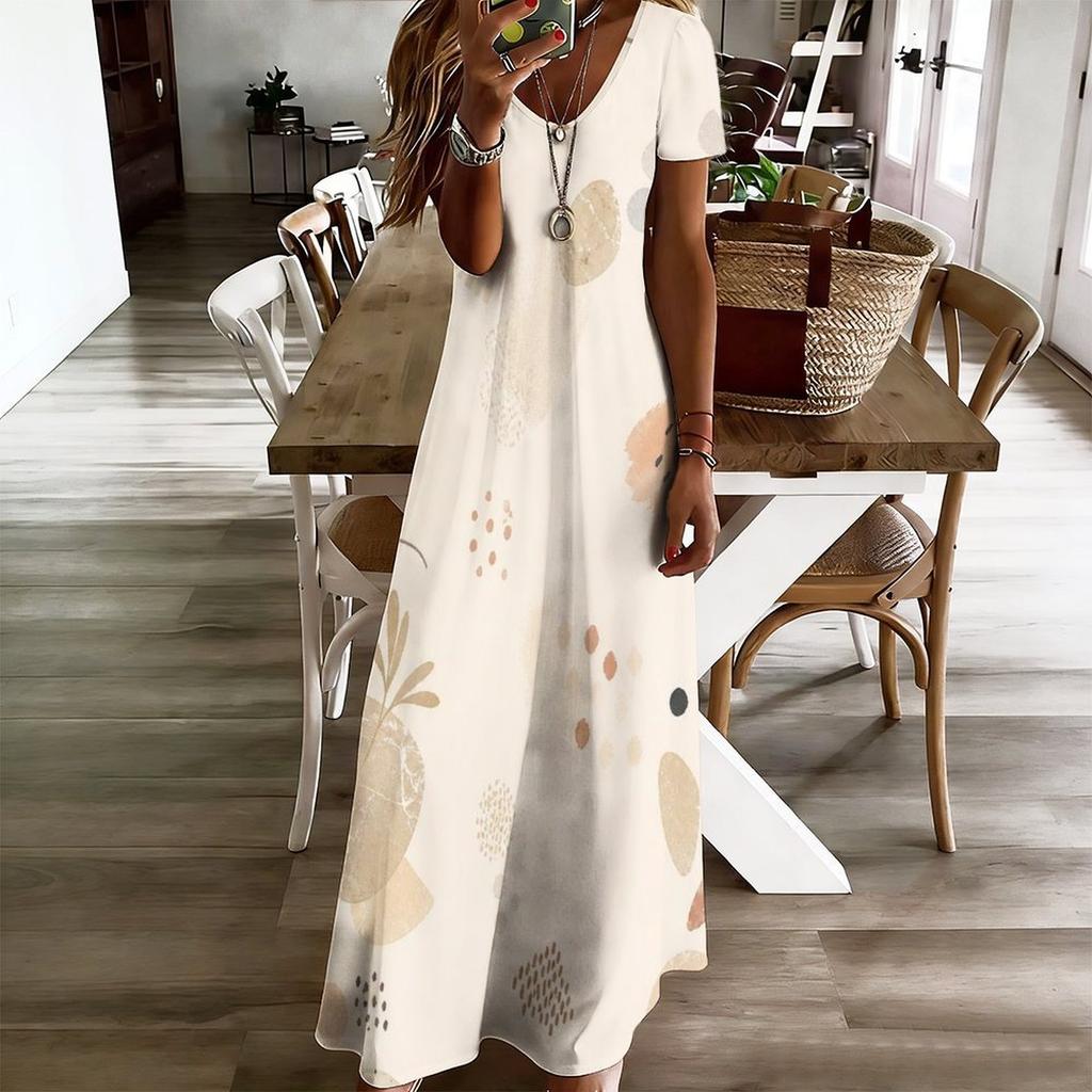 Women Plus Size V Neck Short Sleeve Printed Straight Maxi Dress