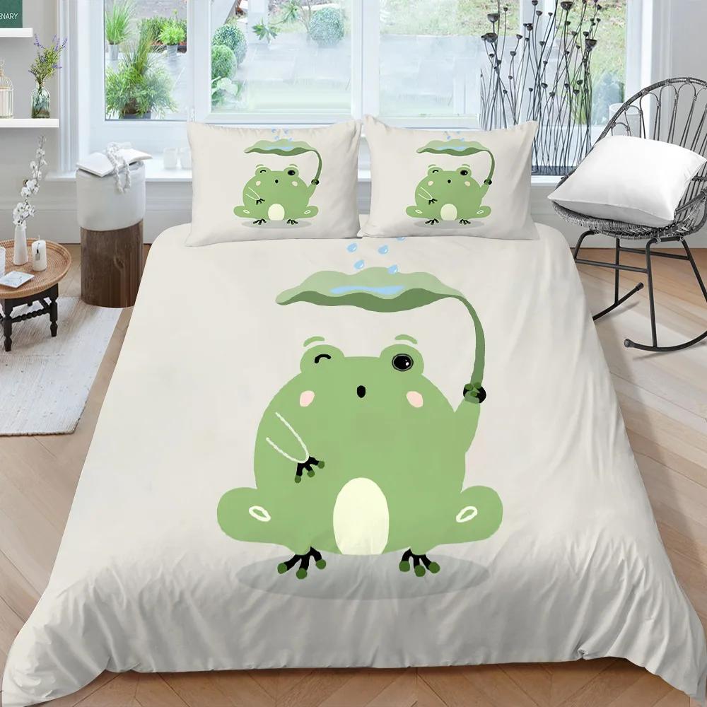 Cartoon Frog Duvet Cover Set King/Queen Size Reptile Animal Theme Bedding Set Cute Green Frog Polyester Comforter Cover for Kids