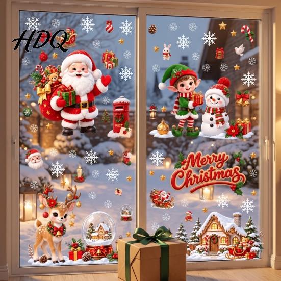 Decorative Glass Stickers for Christmas Window Cling PVC Waterproof Santa Claus/ Elf Snowman/Elk/House Stickers Reusable Film Holiday Home