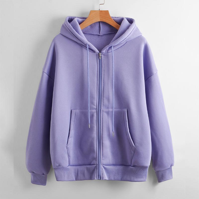 Women's Fleece Sweatshirt Solid Color Long-sleeved Jacket Zipper Casual Loose Top