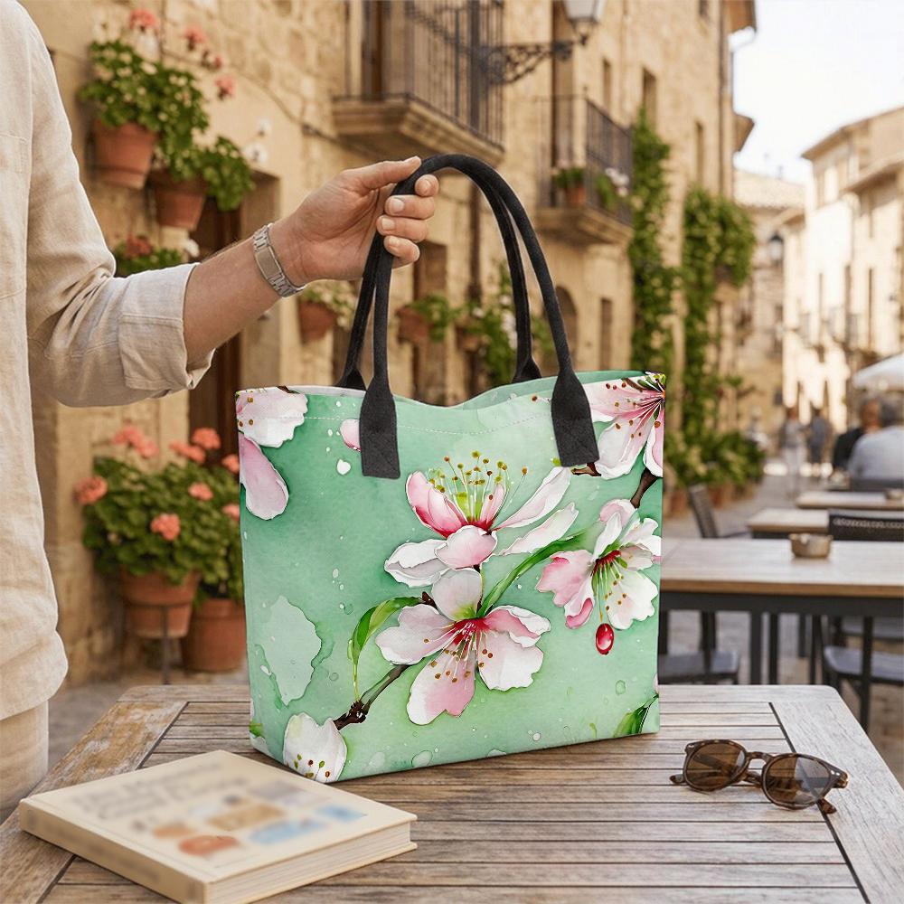 Watercolor Peach Blossom Large Tote Bag Casual Daily Shoulder Handbag for Women