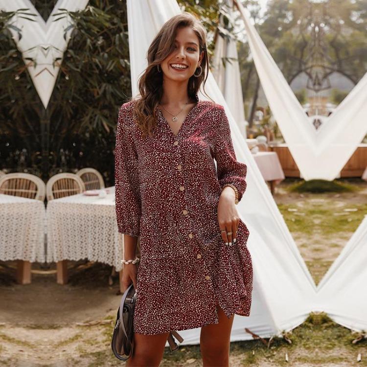 Women Casual Summer Mini Dress V-neck Single Breasted Print Above Knee Three Quarter Sleeve Sizes S-XL Black White Burgundy