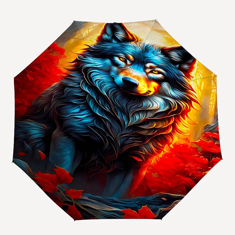 Wolf, Autumn Themed Automatic Opening and Closing Umbrella, Compact Travel Umbrella, Lightweight and Portable, Suitable for Beach Commuting