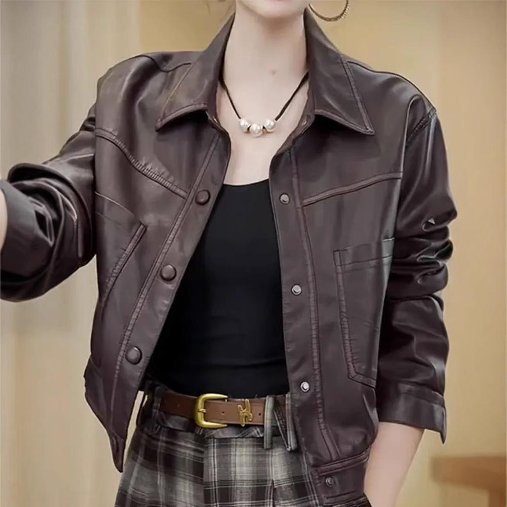 Geacă de piele retro de damă de înaltă calitate - Slim fit, elegantă, casual Primăvară/Toamnă 2025