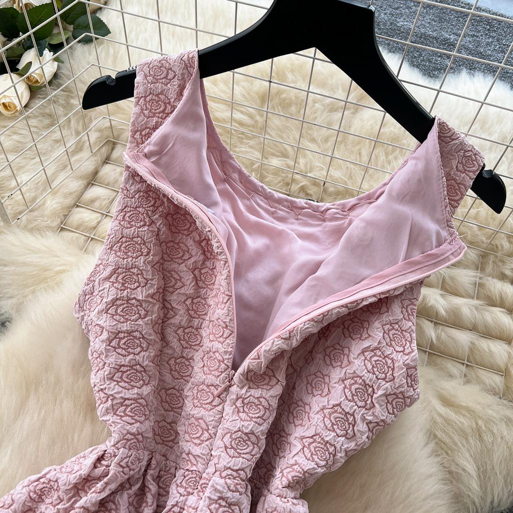 Summer Women Elegant Sleeveless Luxury Beading Collar Jacquard Flower Pink Birthdays Party Ball Gown Dresses