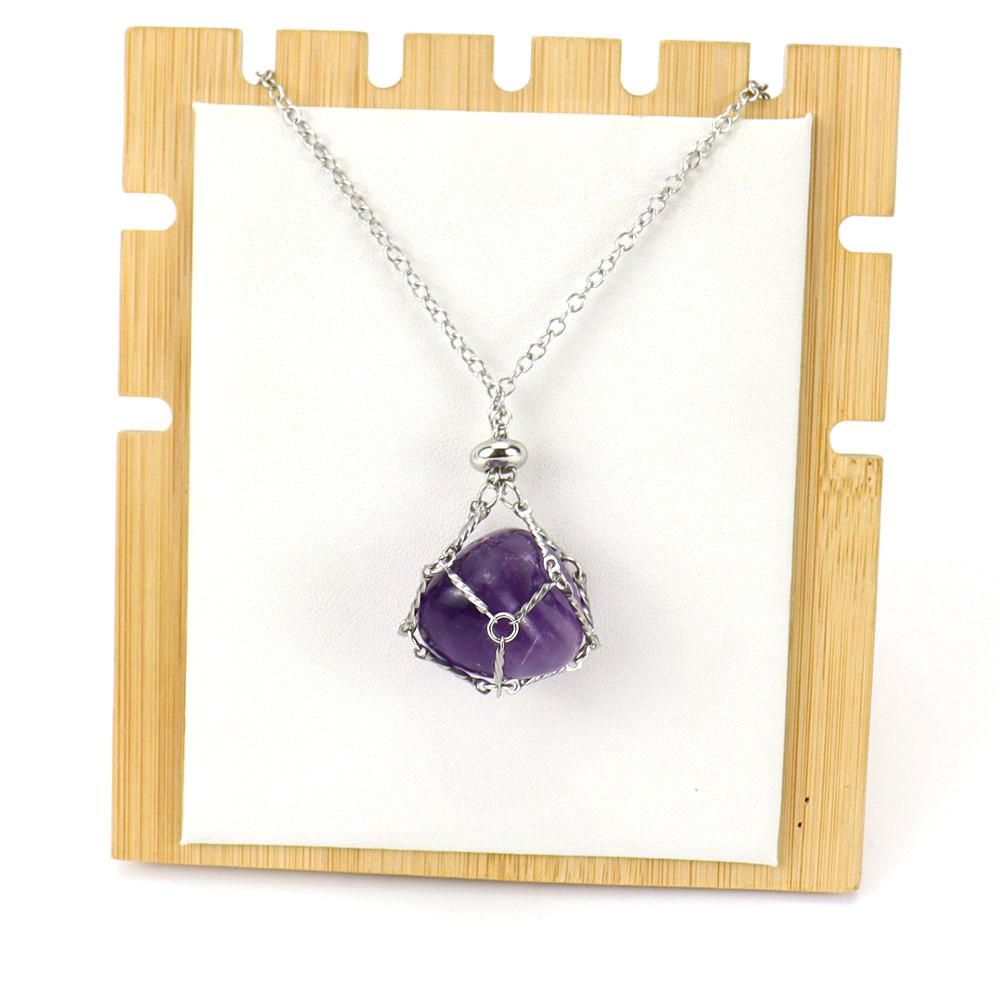 Stainless Steel Metal Bamboo Braided Mesh Prison Cage Pendant Natural Crystal Rough Stone Necklace Adjustable N700