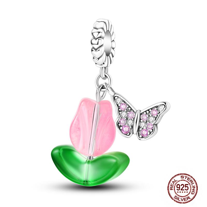 Pink Purple Series Charms Copper Murano Glass Butterfly Animal Paw Print Clasp Charm Beads Fit Original Bracelet Diy Jewelry