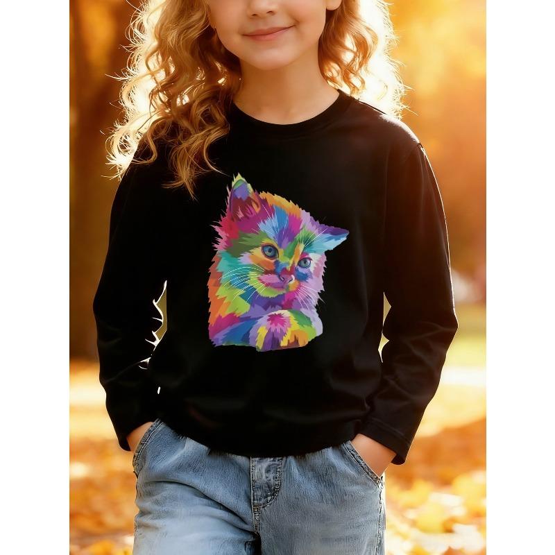 European sizes Kids' Long Sleeve Top, Fashion Kids' Long Sleeve T-Shirt, Colorful Cat Print Top, Cute Top, Suitable for Daily Casual